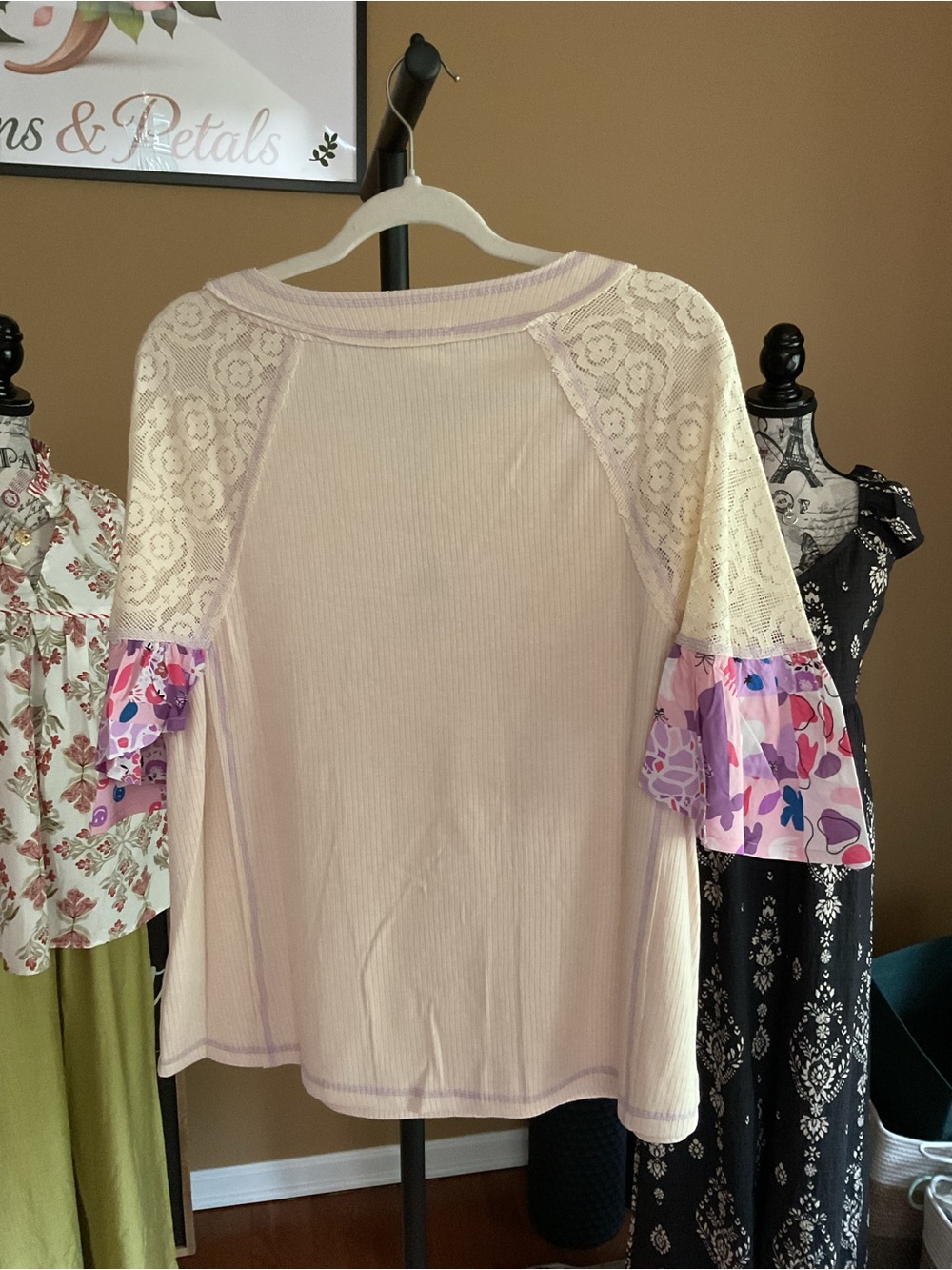 Easel Cream Top with Lavender Trim & Floral Ruffle Sleeves - Picture 2 of 2